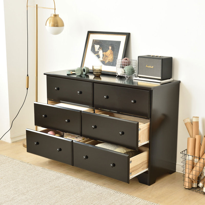 Isabela 6 Drawer Solid Wood Double Dresser, Black