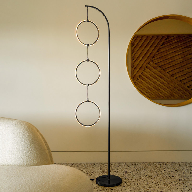 Nova 74" Modern Industrial Arched LED Floor Lamp with Black Finish, Hanging Ring Lights, and Built-In 3-Way Dimmer, Integrated Lighting