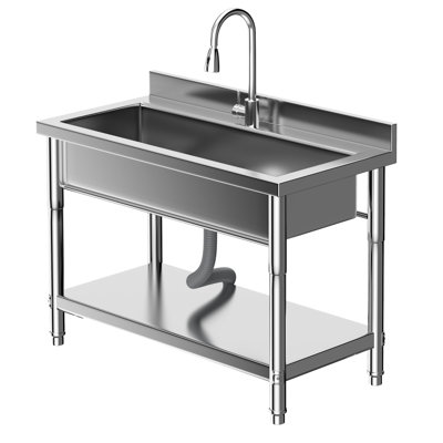 Évier utilitaire commercial en acier inoxydable, table de préparation autoportante à une cuve avec tablette de rangement ouverte et dosseret sans tiroir, pour cuisine de restaurant, garage, buanderie ou ferme.