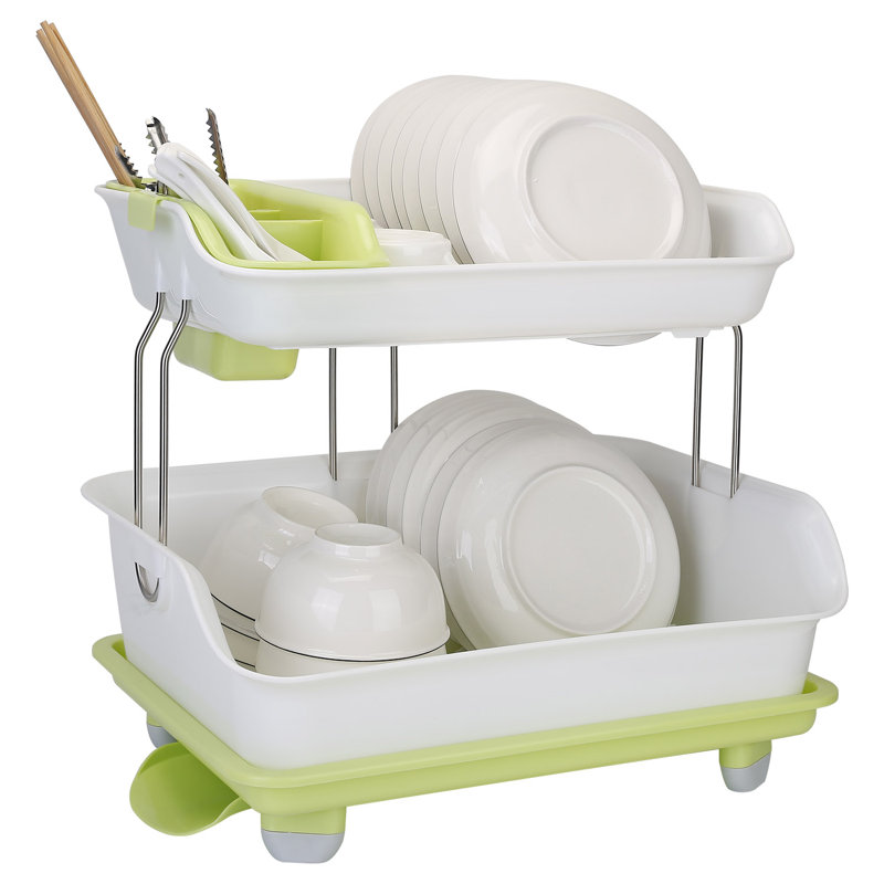 White and Green 2-Tier Metal Dish Drying Rack with Utensil Cup