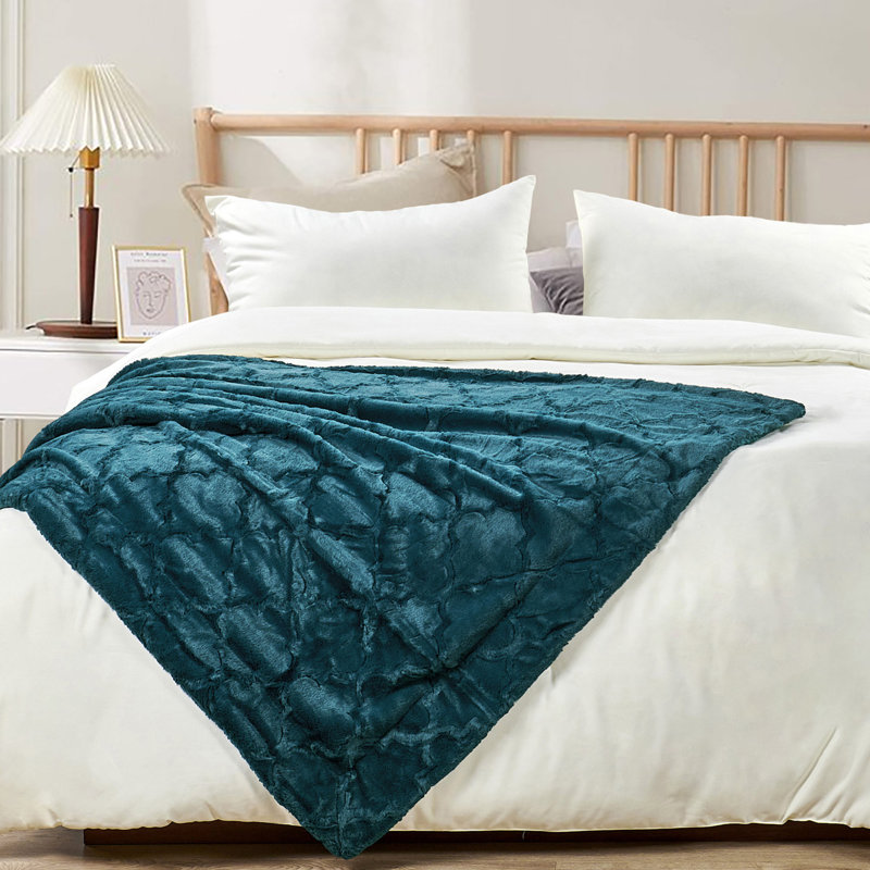 Dark Teal Faux Fur and Sherpa Reversible Throw Blanket, 50" x 60"