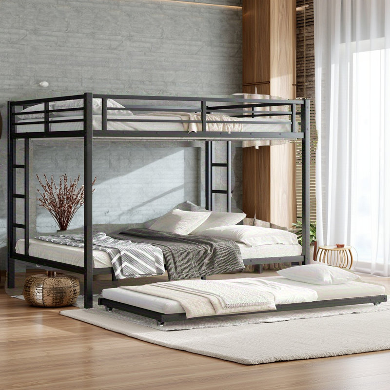 Queen Over Queen Metal Bunk Bed With Twin Trundle, Black – Heavy Duty, Noise-free, And Safe Design With Under-bed Storage