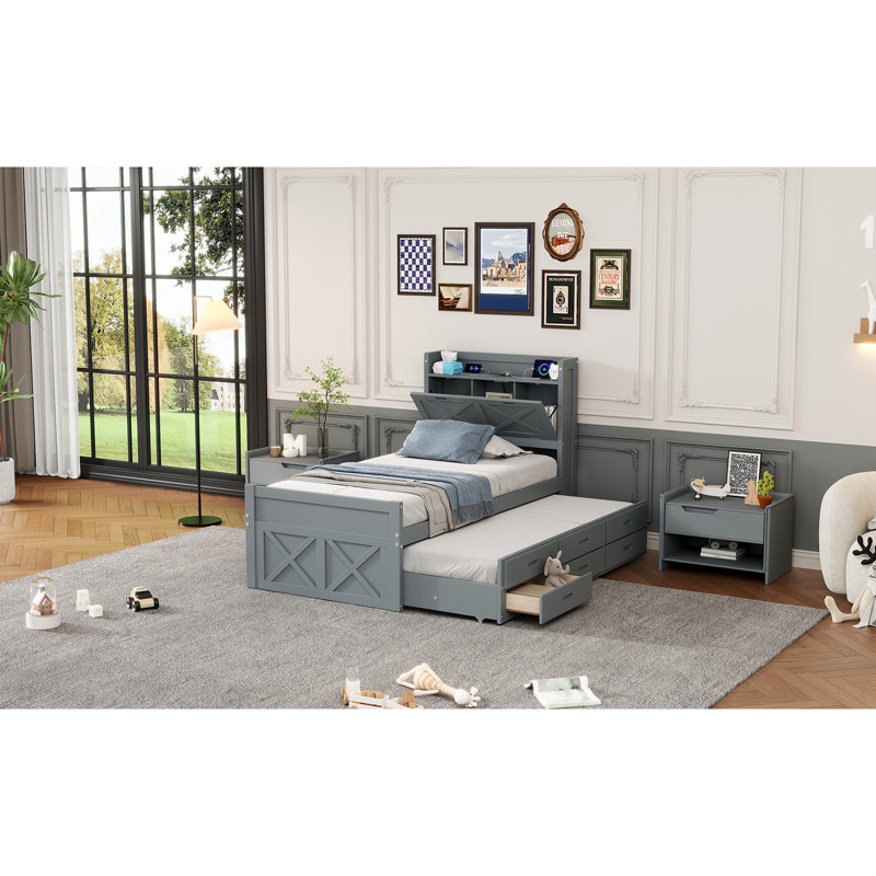 Lit simple en bois avec tête de lit avec prises de courant, lit extensible avec lit gigogne simple avec trois tiroirs de rangement, gris