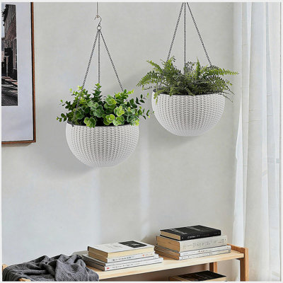 13.4 Inch Self-Watering Hanging Rattan-Inspired Planter Large Capacity, Root-Rot Resistant Water Storage With Water Level Indicator, Dual-Use For Indoor & Balcony Decoration (Pack Of 2, White)