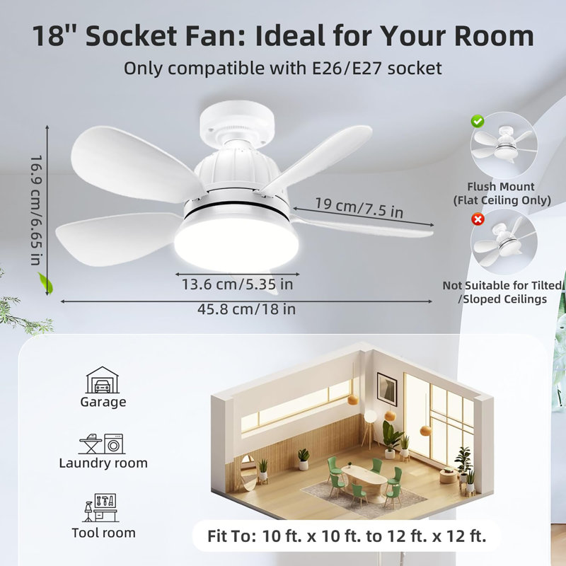 Petit ventilateur de plafond 18 pouces avec lumière et télécommande, Blanc, Blanc