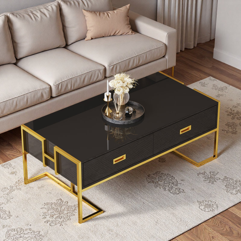 Table basse moderne moderne avec 4 tiroirs et base dorée, Noir