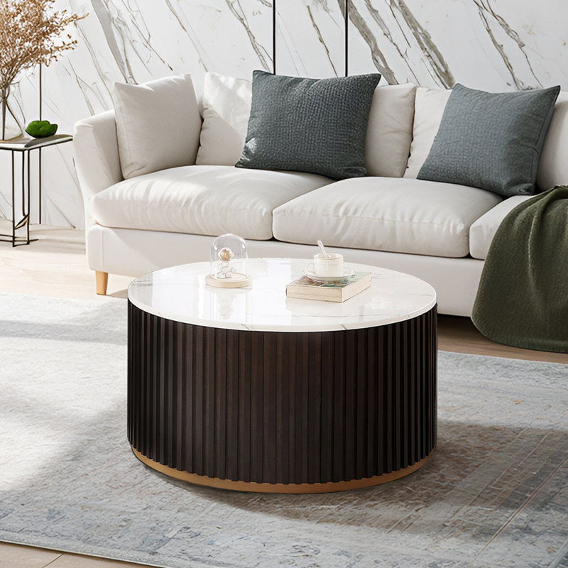 Table basse ronde 31 po avec rangement, table basse cylindrique en faux marbre