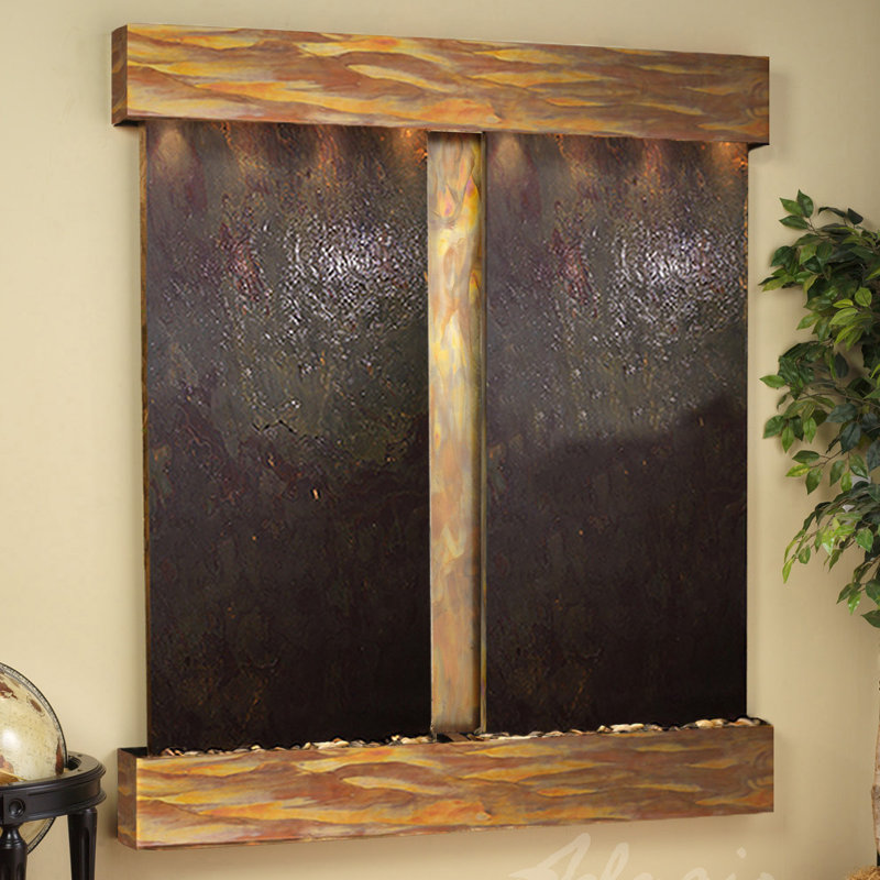 Cottonwood Falls Fountain with Light, Rustic Copper, Multi-Color Feather, Square