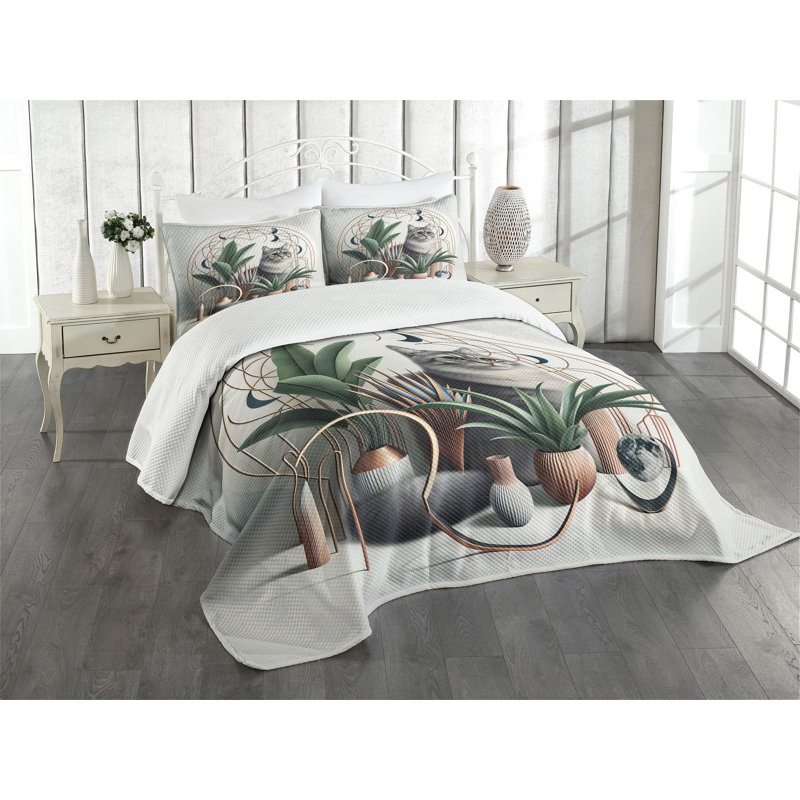 Grey Green Pale Rust Cat and Plant Queen Coverlet Set