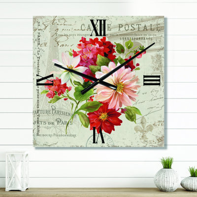 Red Painted Flowers on Vintage Postcard II - Farmhouse Wall Clock