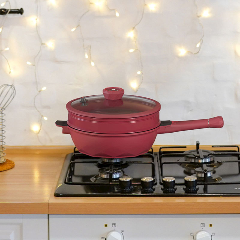  Poêle à frire antiadhésive, grand wok de 5 pintes, poêle profonde avec couvercle, poignée qui reste froide, grille cuite à la vapeur, sans pfoa, va au lave-vaisselle et au four, fonctionne avec toutes les cuisinières (rouge ruber)