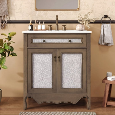 Meuble-lavabo antique 30 po avec lavabo rectangulaire en céramique, plateau basculant, poignées antiques, pieds en bois d'hévéa, brun clair