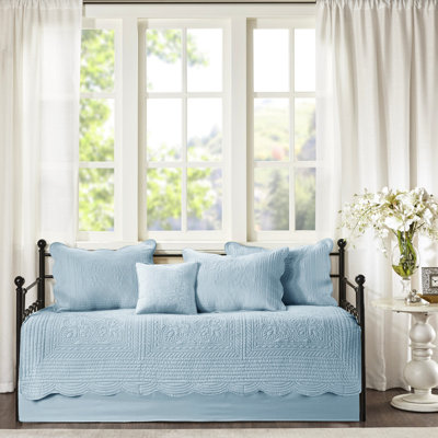 Housse de lit de jour bleue - 6 pièces, bords festonnés, mélange de microfibre et de coton, housse de protection de 17 po, 15 taies décoratives, 3 taies décoratives, 1 coussin décoratif, taille simple, conception de style champêtre, 100% avec ajust