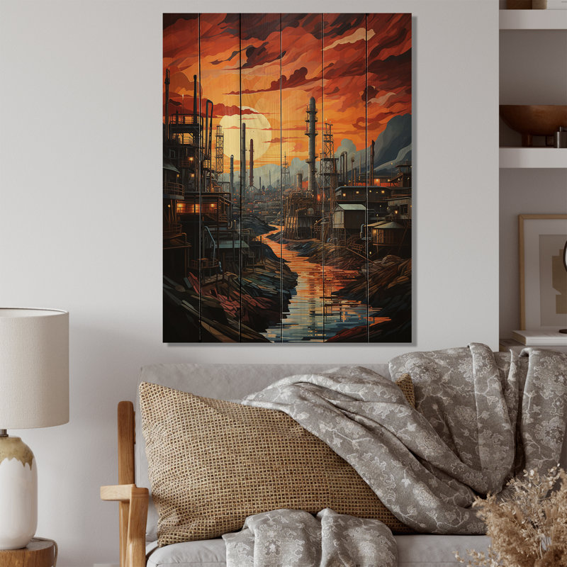 «Orange Oil Rigs Oil Odyssey» sur impression sur bois, H 32 po x l 24 po x P 0,78 po
