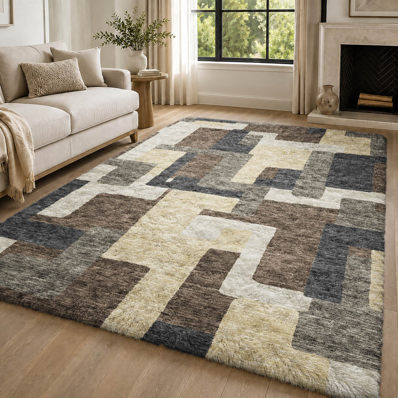 Washable Geometric Indoor Rug, Chocolate, 10' x 14'