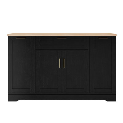 Multi-Functional Storage Sideboard, Extendable Dining Table, Adjustable Shelves, 3-Tier Pull-Out Rack, Kitchen Island Storage for Kitchen, Dining Room, Living Room (Black)