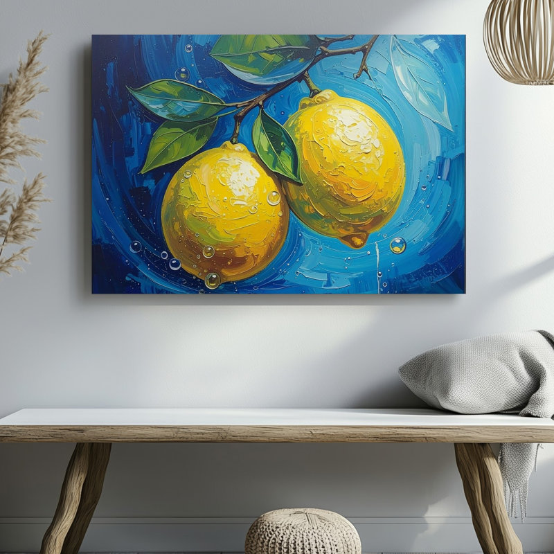 Art mural sur toile, branche de citron audacieuse, peinture à l'huile sur toile avec fond bleu tourbillonnant