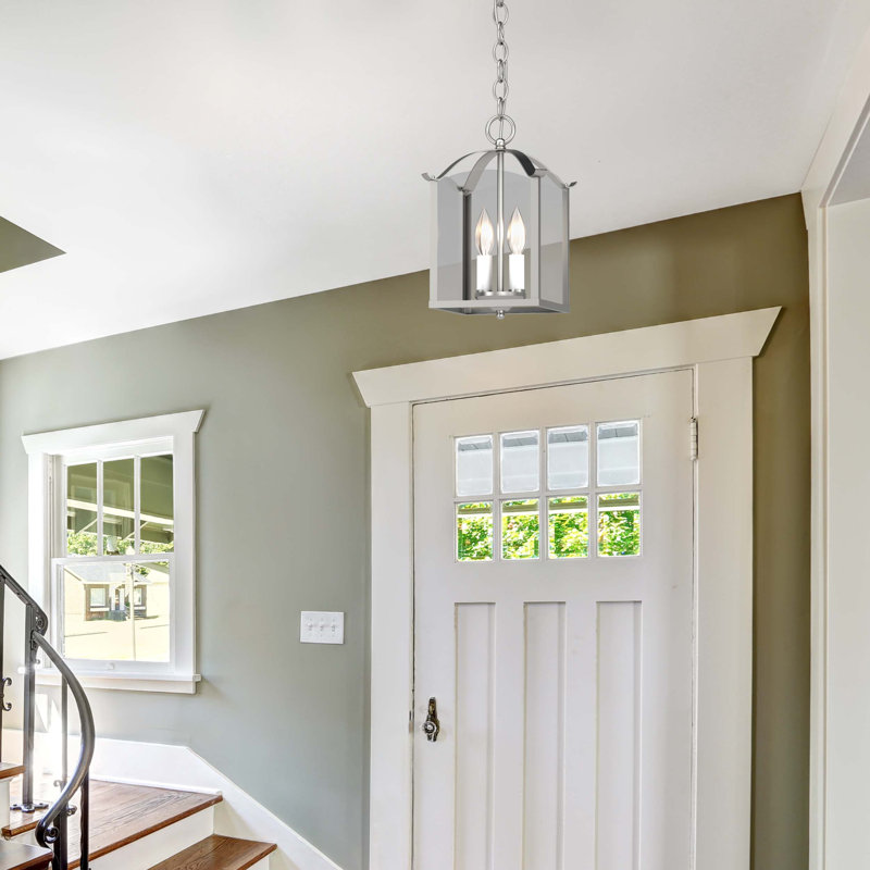 2-Light Indoor Brushed Nickel Lantern Candelabra Pendant with Clear Glass Panes