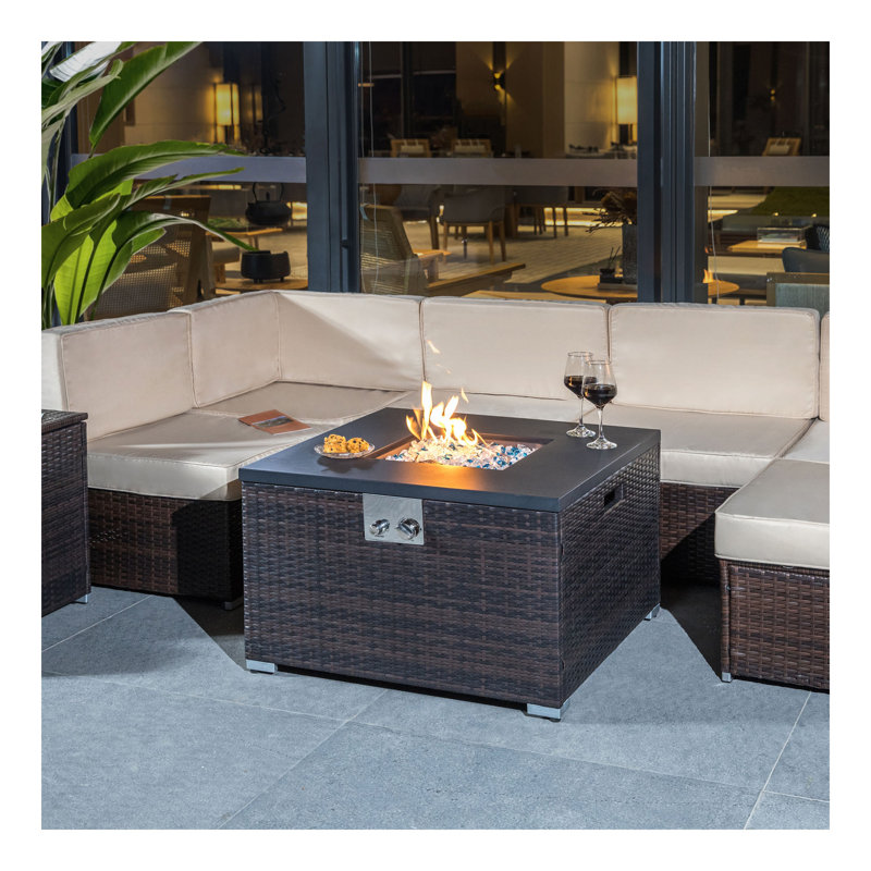 Table de foyer d'extérieur au gaz en osier brun foncé