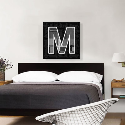 Art moderne noir et blanc, lettre M - impression sur toile tendue
