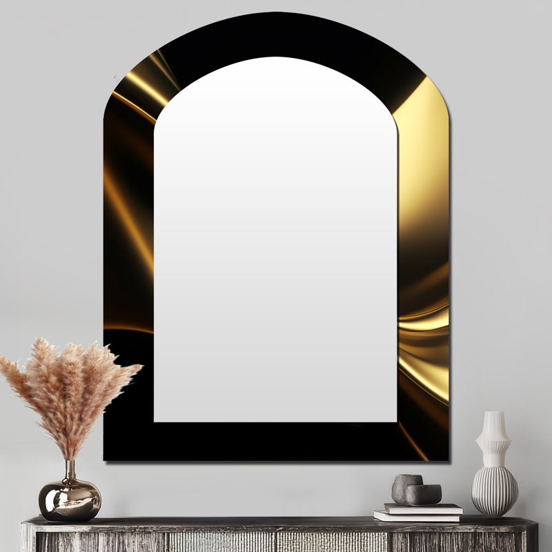 Gold and Black Surreal Tides IV - Fractals Asymmetrical Large Wall Mirror, Modern Arch Unique Mirror, Printed Metal Art