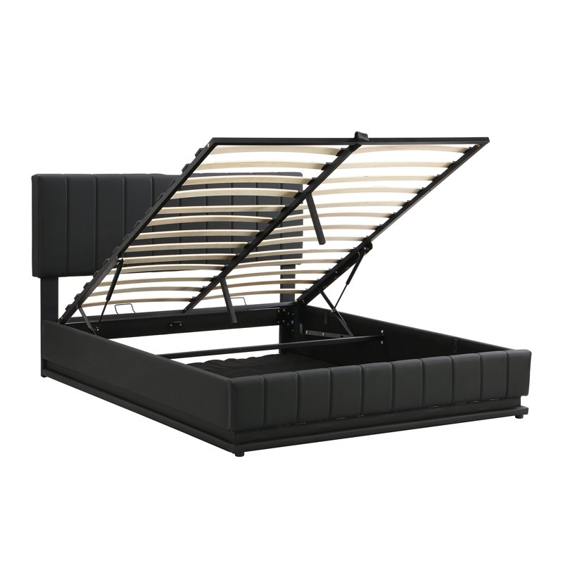 Lit tapissier avec système de rangement hydraulique et lumière DEL, lit plateforme moderne avec prises et ports USB, Noir