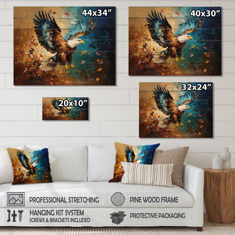 «Soaring Eagle Freedom II», décoration murale en bois moderne sur bois de pin naturel, H 24 po x l 32 po