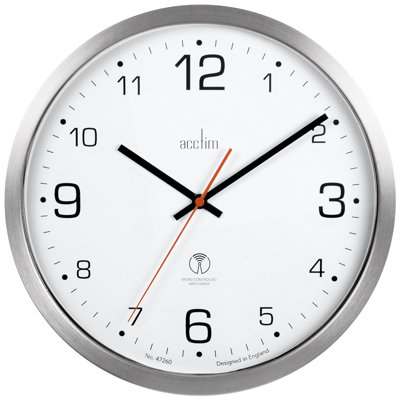 Acctim Atomik Wall Clock Non-Ticking Sweep Radio Controlled Brushed Metal Case Titanium 30cm
