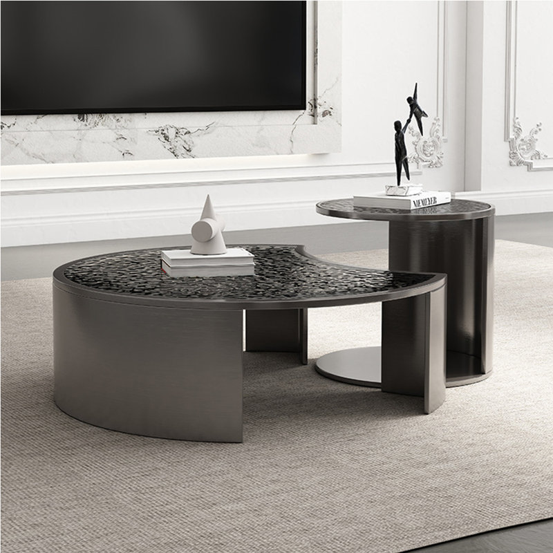 Table basse moderne en acier inoxydable et verre, Gris