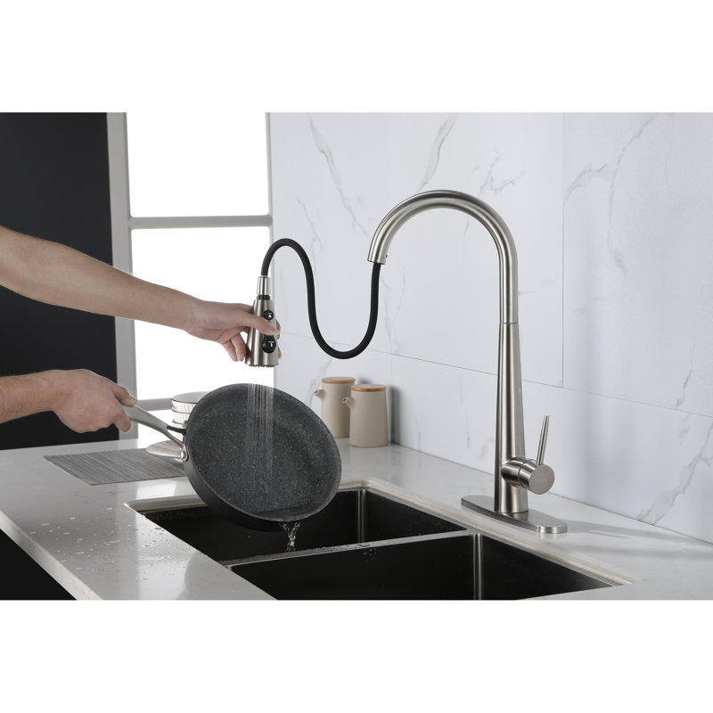 Kitchen Sink Faucet Single Handle Pull Down , Stainless Steel Material, Brushed Nickel Finish, 360 Rotating High Nozzle, Three Water Output Types For Work, Lever Management, Rust Surface Treatment