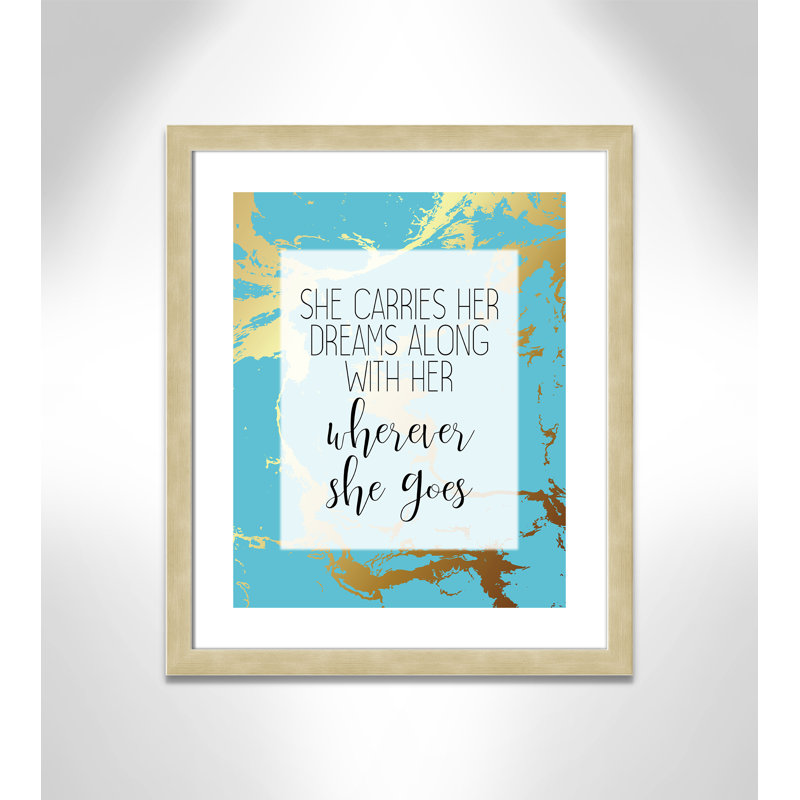 «Whereever she goes», art encadré, H 26,5 po x l 22,5 po x P 0,63 po, Encadré plat champagne