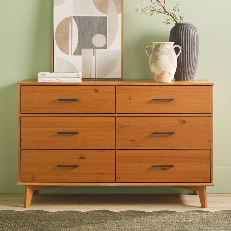 Caramel Solid Pine Wood 6-Drawer Dresser with Metal Handles