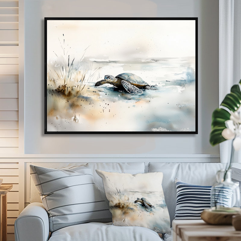 Minimal aquarelle tortue au bord de l'océan - tortue, art mural dans le salon, H 16 po x l 32 po, Black