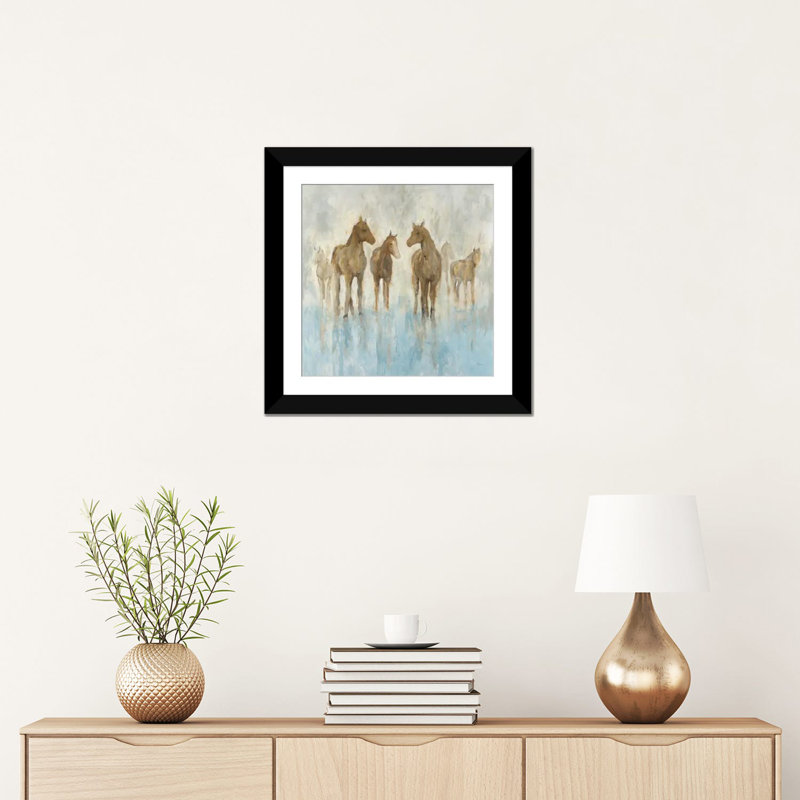 «Horses», reproduction sur toile, H 16 po x l 16 po x P 1 po, Papier d'art encadré noir, Blanc