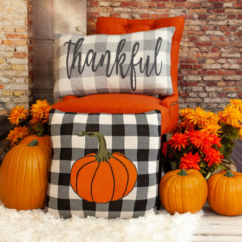Orange and Black Plaid Pumpkin Square Cotton Throw Pillow