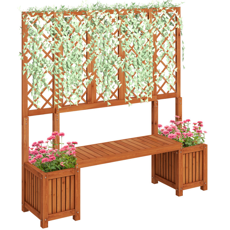 Banc de jardin en bois avec treillis et jardinières pour patio brun