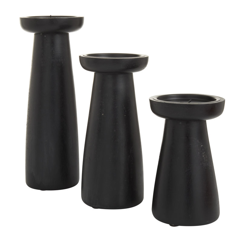 Black Wood Tabletop Candlestick Set with Pricket