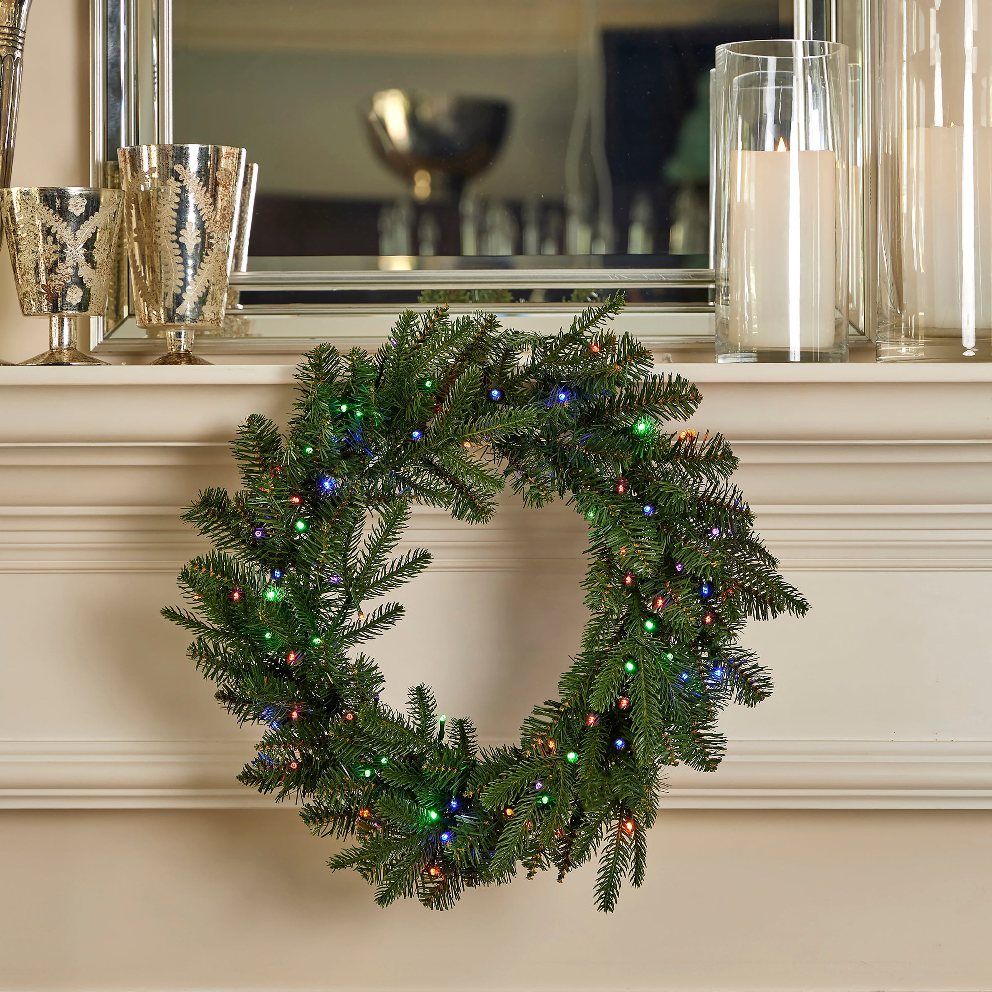 Kristara Pine 24 Artificial Christmas Wreath, Pre-lit, 50 Dual LED Lights w/ 9 functions (Battery-Operated)