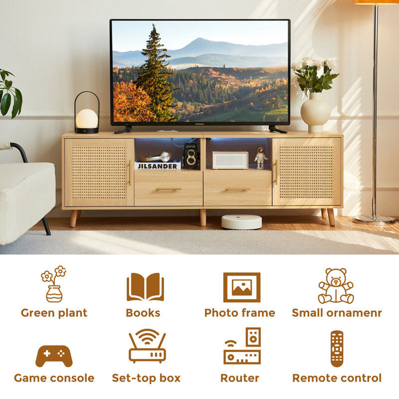 Natural Wood and Rattan TV Stand with LED Lights