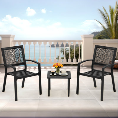 Outdoor Bistro Set 3 Piece Set - Comfortable Metal Patio Chairs And Small Table, Floral Back Design, Waterproof, Uv Resistant For Porch, Balcony, Gard by EROMMY