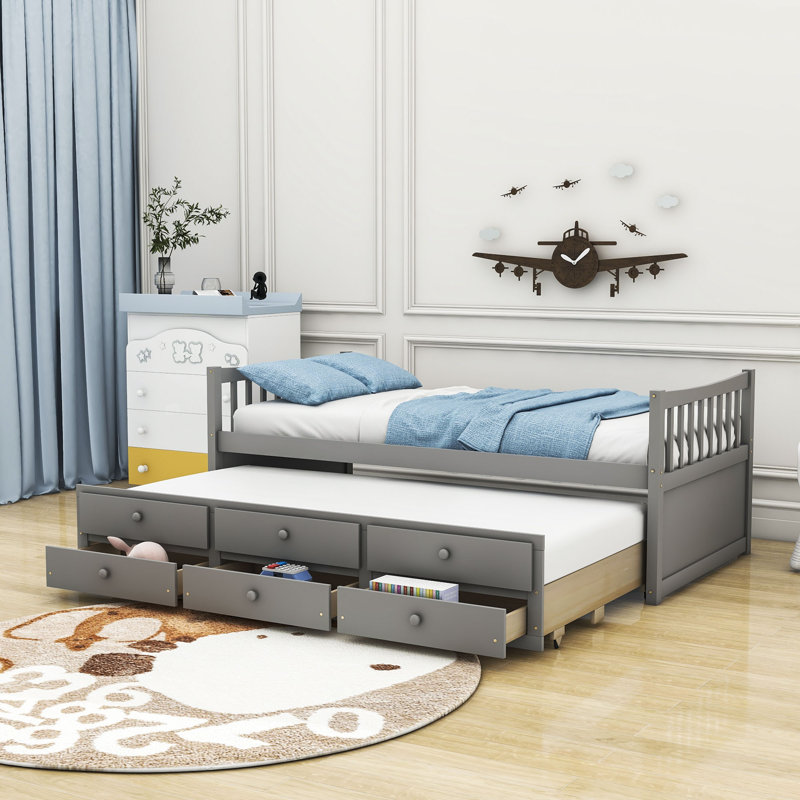  Daybed with Trundle and  Drawers, Gray, Twin