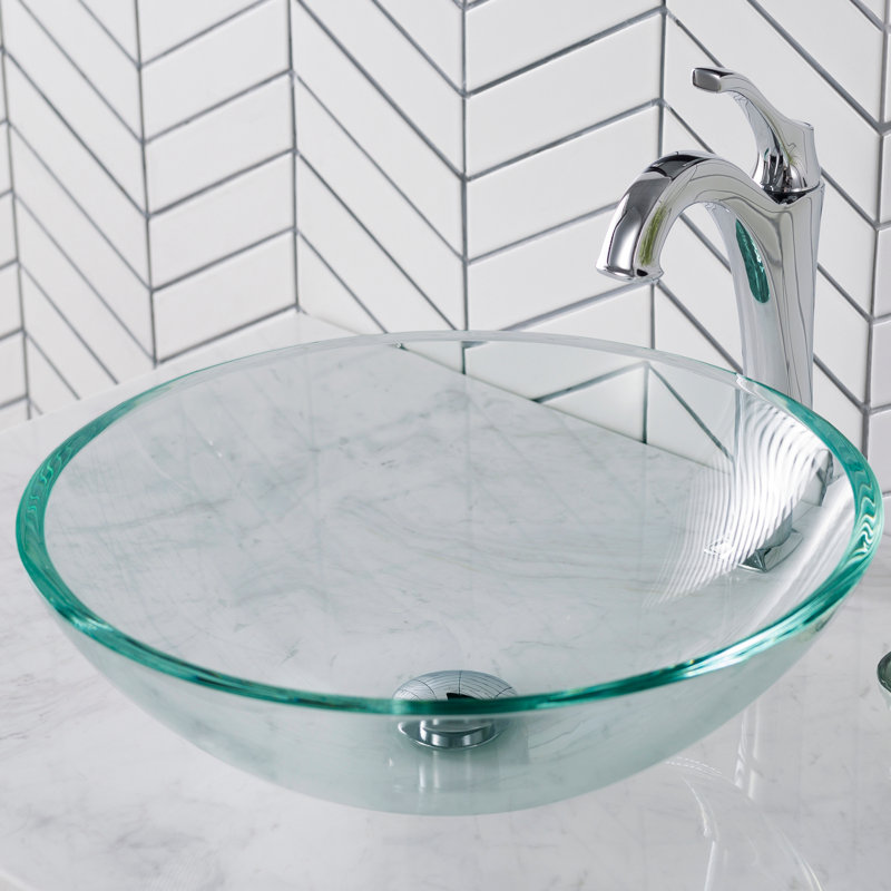 Glass Circular Vessel Bathroom Sink with Faucet, Chrome