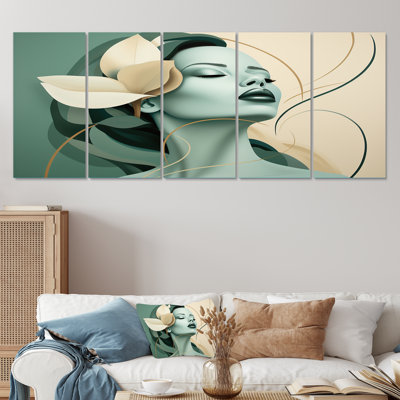 Green And Beige Woman Silhouette II - Fashion Woman 5 Piece Wall Art Decor