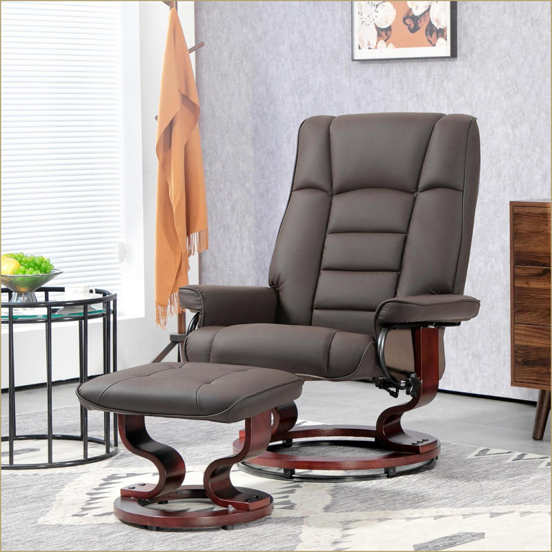 Recliner with Ottoman, Modern Faux Leather Swivel Chair with High Back Wood Frame | Walnut Brown | Living Room Bedroom, Brown