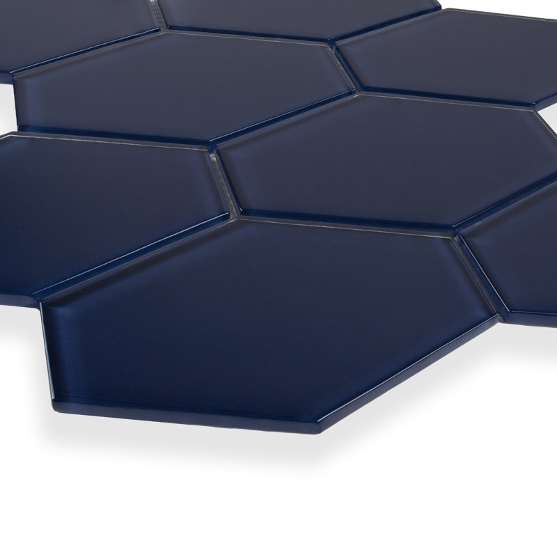 Long Hex 10.60in.x11 in. Glass Mosaic Tile, Deep Blue Gloss