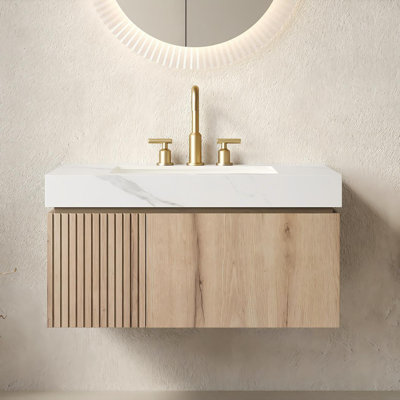 Adwin 36" Floating Wall-Mounted Bathroom Vanity – Pre-Assembled Plywood Cabinet With Carrara White Sintered Stone Top & Undermount Ceramic Sink