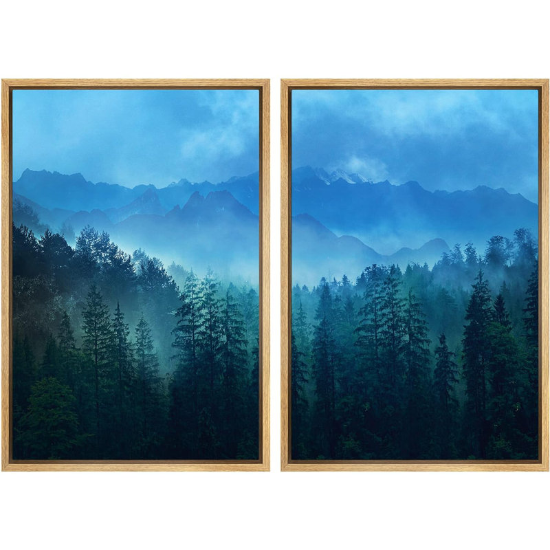 «Deep Blue Mountain Range Misty Forest Nature Rustic Landscape», impression sur toile, 2 pièces, Cadre naturel flottant