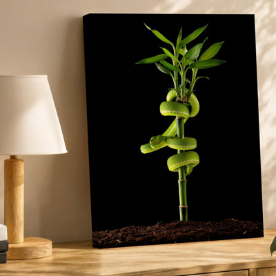 Canvas A Vibrant Green Snake Elegantly Coiled Around A Bamboo Stalk Wall Art With Lush Green Leaves Sprouting From The Top Set Against Canvas Wall Art
