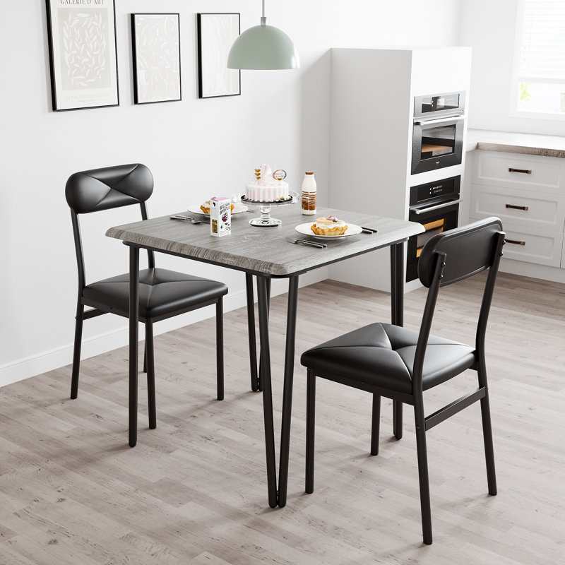 Space-Saving 3-Piece Dining Table Set for 2 - Small Square Kitchen Table with 2 Upholstered Chairs - Modern Compact Dinette for Apartment & Small Spaces - Grey