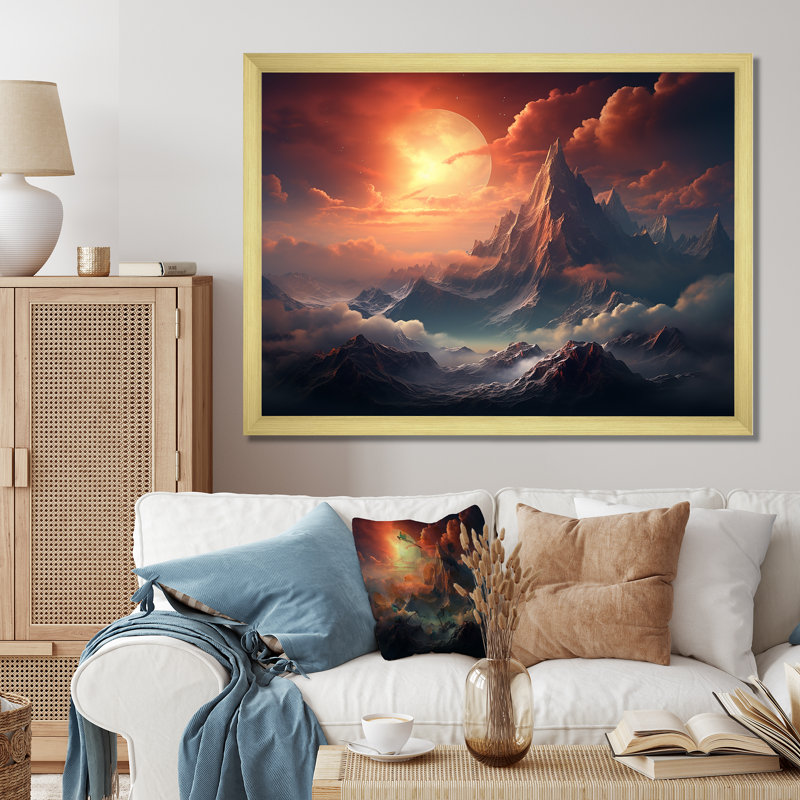 Paysage lunaire de montagne II - Art mural paysages spatiaux, Cadre doré à coins fermés, H 24 po x l 32 po x P 1 po
